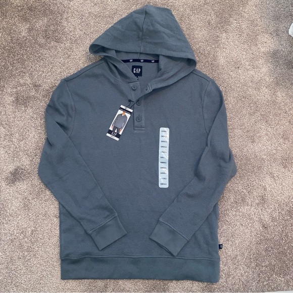 GAP Men’s Grey Waffle Henley Hoodie Pullover Shirt Long Sleeve Sz S - NWT - Picture 2 of 8